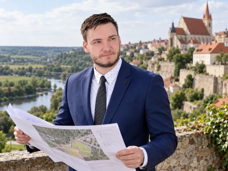 Advokát s mapovými podklady v krajině u Znojma